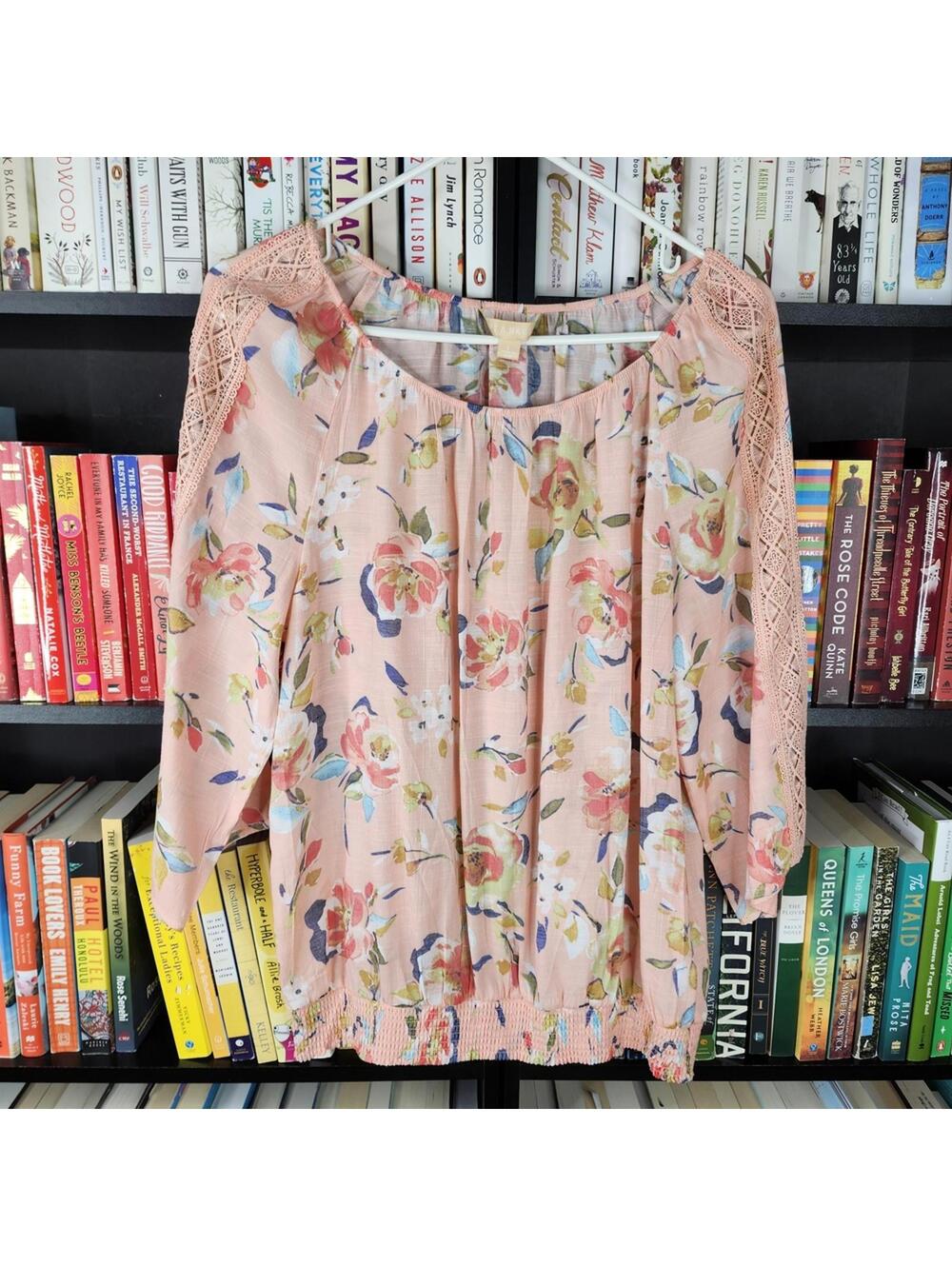 Hope & Harlow Floral Peach Lace Sleeve Blouse Large